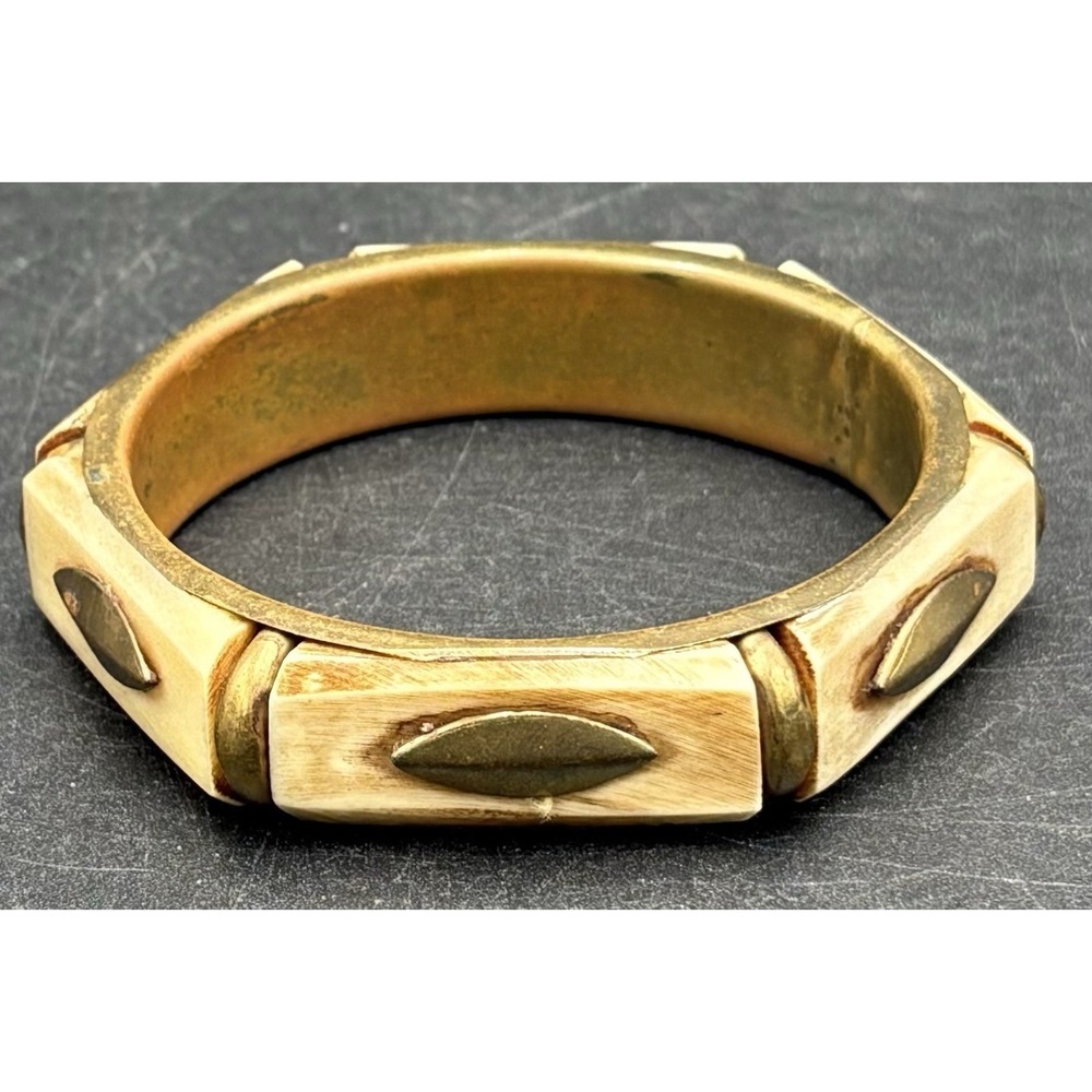 VTG CARVED INLAID BRASS BANGLE BRACELET ESTATE JEWELRY